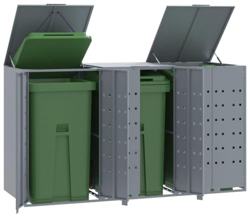 Tidyard Rangement à roulettes pour poubelles pour 3 bacs Gris Acier, Poubelle Cache Conteneur pour Jardin, Pelouse, Terrasse, Extérieur