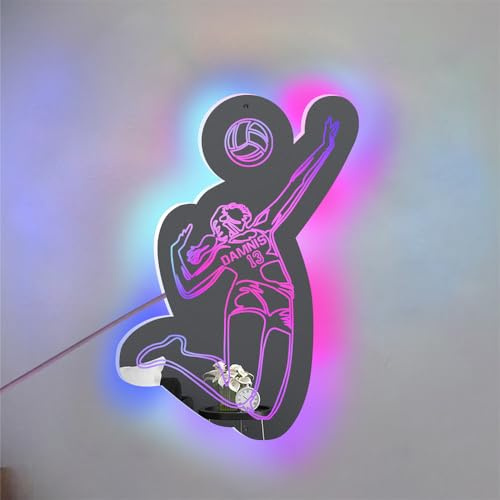 MYZQIFF Personalisierte Volleyball-Spieler Spiegel Namensschild mit LED-Licht, benutzerdefinierte Volleyball-Spiegel Wand Kunst Neon Nachtlicht, Weihnachten Volleyball Geschenke