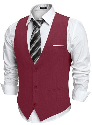 COOFANDY Herren Anzug Weste Elegant Anzugweste Ärmellose Weste Hochzeitsweste Businessweste Gilet Suit Vest V-Ausschnitt Herrenwesten Frackweste Weinrot L