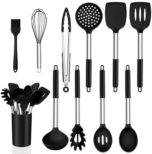 Küchenhelfer Set, Onader 11 Stück Silikon Küchenutensilien Kochbesteck Set mit Edelstahlgriff, Antihaft Kochutensilien Set für Kochen und Backen, Hitzebeständiger & Spülmaschinenfest, Schwarz