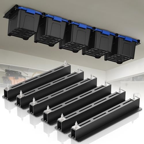 Ceiling Utility Bin Rails Storage Rack, Overhead Garage Storage Racks, Heavy Duty Hanging Storage Racks for Garage, Adjustable Width, Black (6 Sets for 5 Bins)
