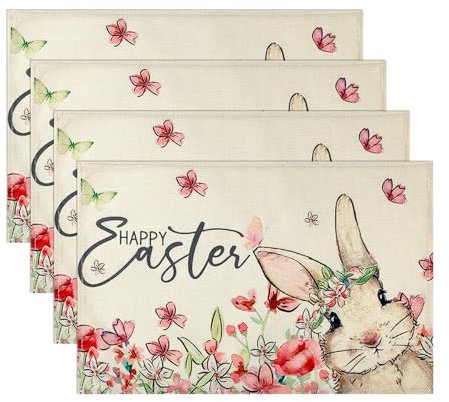 Gosknor 4-Teiliges Oster-Tischset, Saisonale Ostertisch-Tischsets Party-Dekorationen für Zuhause Haus Küche Esszimmerbedarf (Blumenhase, Pastel Pink, Yellow, Green)