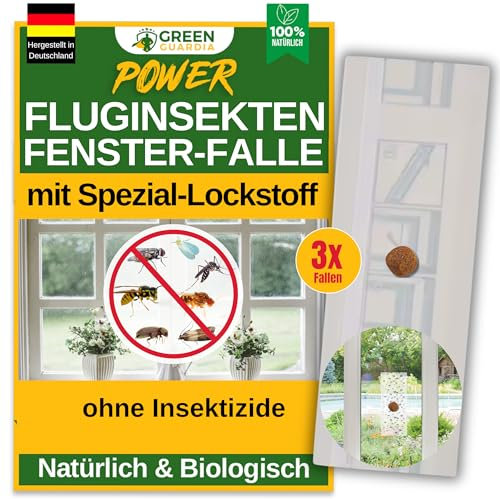 GREEN GUARDIA Fluginsekten Fenster-Falle mit Spezial-Lockstoff - 3X Fallen - umweltfreundlich Fluginsekten bekämpfen, Chemiefreie Falle mit starker Klebefläche, giftfrei & geruchsneutral