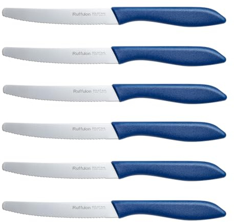 Ruffulon Tomato Knife,Set of 6,Kitchen Knives Made of Stainless Steel, Sharp Utility Knife, Tomato Knives with Wavy Edge, Serrated Blade, Blue Plastic Handle Table Knife Set.