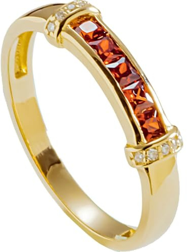 Grewod Damen Ring Gold 585, Elegant Orange Rot Quadrat Granat mit Diamant Ringe Hochzeitsringe Größe 54 (17.2)
