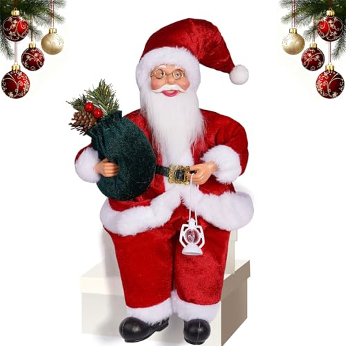 ESYFOR Weihnachtsmann Figur Sitzend 35cm/13.78 Zoll, Weihnachtsdekoration Ornament Puppe Traditionelle Rote Plüsch Weihnachtsmann Deko für Fenster Tisch Zuhause Weihnachtsfeier Dekoration