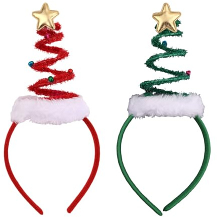 Fukaisu 2pcs Springy Christmas Tree Headband, Springy Santa Hat Headband for Christmas Accessories for Women Holiday Parties One Size Fits All Outfit Costumes(Green & Red)