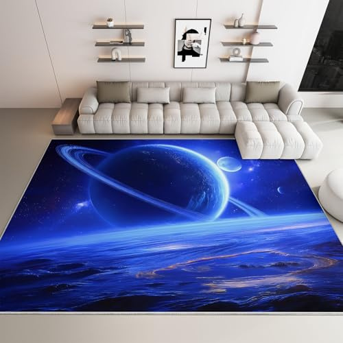 WHUOEUCO Teppich Kurzflor Modern Blauer Planet Im Weltraum 80x150cm Teppich Wohnzimmer Waschbar, Super Weich rutschfest Flauschig Teppiche für Schlafzimmer Esszimmer Kinderzimmer