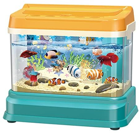 Kids Aquarium Fishing Toy with Water Circulation, Mini Artificial Fish Tank with Moving Fish, Light & Music, Sensory Fishing Game with 2 Fishing Poles for Toddlers, Boys & Girls Gifts