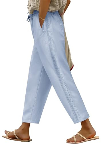 PASUDA Pantalones Mujer Verano 7/8 Algodón Cómodos Largos Pantalón Elástico Cintura Alta Casual Flojo Ligeros Playa Rectos Pantalon Frescos con Bolsillos y Cordón(Azul,XL)