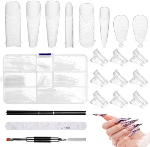 120 set med dubbla nagelformar, nagelförlängningstips, dubbla spetsar, nagelset, transparenta nagelspetsar, dubbla formar, nagelformer för förlängning + 12 nagelklämmor, 1 nagelfil, 1 dubbelsidig