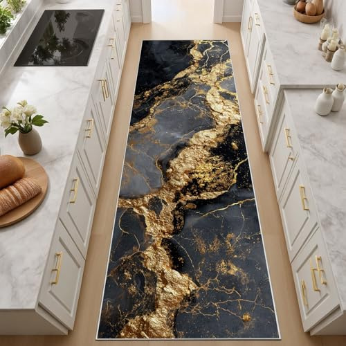 RJHDJSA Flur Läufer - Marmor Teppisch - Läufer Flur rutschfest, Bettvorleger Waschbar Teppich 60x180 cm, Abstrakter Marmor Extra Dünn Flurläufer, Schwarz und Gold Rugs for Living Room, Küchenteppiche