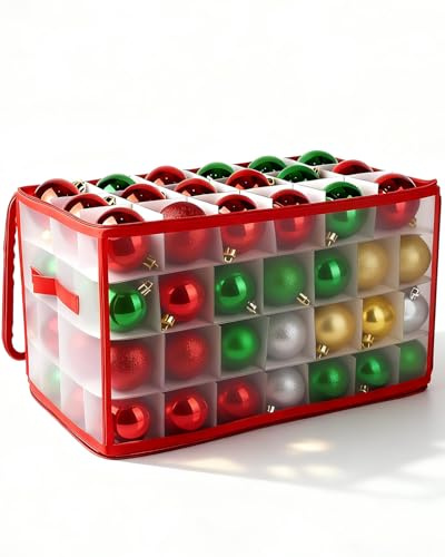 Wenleer Christmas Bauble Storage Box with Dividers - Foldable Clear Cube Bag Holder for up to 112 Xmas Baubles, with Zipped Lid & Handles (Red)