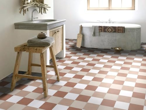 PVC Bodenbelag Vinylboden Terrakotta weiß kariert in warmen Erdtönen, Zuschnitt (2m breit / 2m lang)
