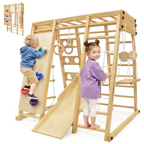 SPYLAVE Maxi Klettergerüst Indoor für Kinder, Wasserfest & Klappbar, 10 in 1 Montessori Spielplatz ab 1 Jahr, Multifunktional Klettergerüst mit Rutsche Schaukel Kletterwand Kletternetz, Innen & Außen