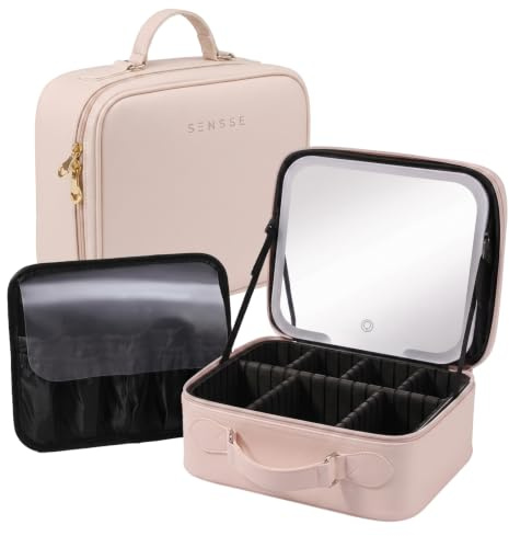 SENSSE Glow Up Case LED Makeup Travel Case with Mirror – Cosmetic Organizer with Adjustable Light, 3 Lighting Modes, Touch Dimmable HD Mirror, Rechargeable 2000mAh Battery & Adjustable Compartments