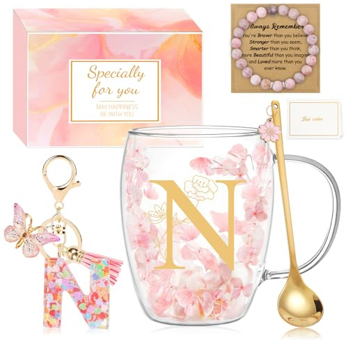 MOTONG Birthday Gifts for Women Glass Coffee Mug, Double Wall Espresso Tea Cups with Letter N Printing, Personalised Gifts for Women Ladies Christmas Valentine's Day Mother's Day with Spoon Bracelet