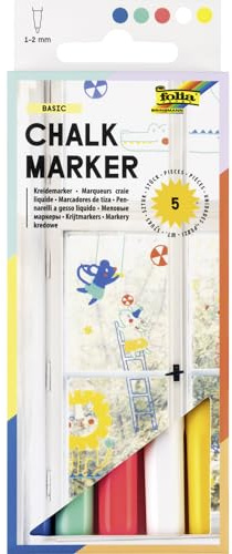 folia 390559 - Chalk Marker BASIC, 5 Stück in 5 leuchtenden Farben, Kreidemarker auf Wasserbasis, Strichstärke 1-2 mm, feucht abwischbar, geeignet für Glas, Fliesen und Spiegel
