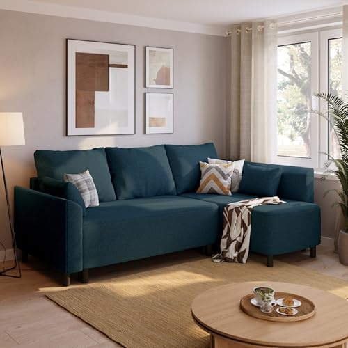 BROMARKT Ecksofa mit Schlaffunktion 200 cm Breit Blau Couch Sofa Wohnzimmer 3 Sitzer L Form Schlafsofa mit Bettkasten Eckcouch mit Stauraum Schlafcouch Wohnlandschaft Bondi