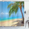 ABAKUHAUS Landschaft Duschvorhang, Tropic Botanic Bild, Stoffliches Gewebe Badezimmerdekorationsset mit Haken, 175 x 220 cm, Sky Blue Creme