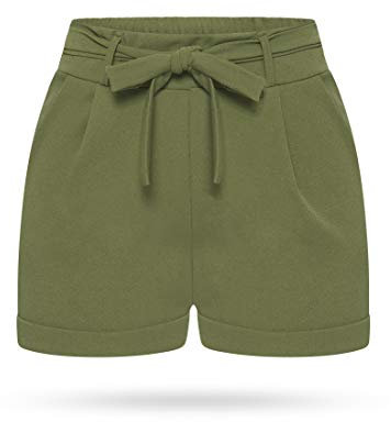 Kendindza Damen Sommer Shorts | Kurze Hose Damen mit Schleife zum binden | Bermuda | Uni-Farben (S/M, Oliv)