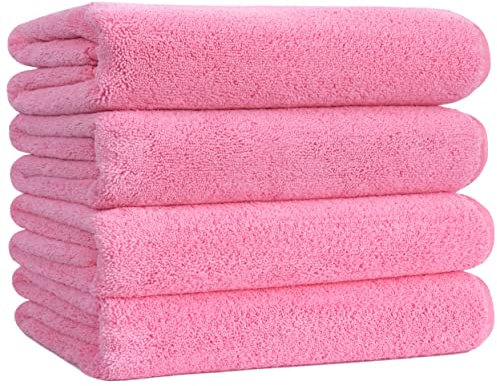Polyte - 4 Serviettes de Bain en Microfibres - sèche Rapidement/ne Peluche Pas - Rose - 145 x 76 cm