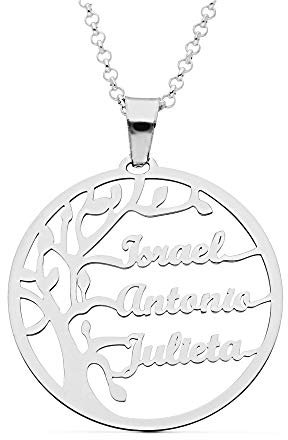 doble aro - Collar Arbol de la Vida con Nombres Personalizado en Plata de Ley - Entre 1 y 6 Nombres - Largo 42cm + 3cm de alargador