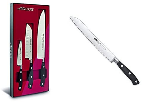 Arcos Serie Riviera, Juego Cuchillos Cocina 3 Piezas, 1 Cuchillo Mondador + 1 Santoku + 1 Cuchillo De Chef + Serie Riviera, Cuchillo Panero, Hoja De Acero Inoxidable Forjado Nitrum 200 Mm