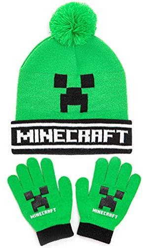 Minecraft Ensemble de bonnets, bonnet, gants tricotés, pour enfants, taille unique, Noir, Taille unique