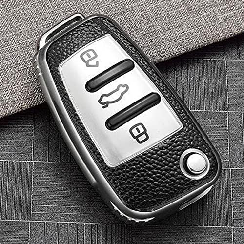HIBEYO Coque de clé de Voiture Compatible avec Audi A1 A3 A4 A6 Q3 Q5 Q7 S3 R8 RS6 TT Boîte à clés Pliable à 3 Boutons Organiseur en Cuir synthétique (Cuir argenté)