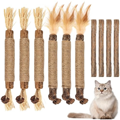 Bissap 10 PCS Silvervine Chew Sticks for Cats, Catnip Chew Sticks Cat Toys for Indoor Cat Kitten Teeth Grinding Interactive Feather Toys for Aggressive Chewers Dental Care
