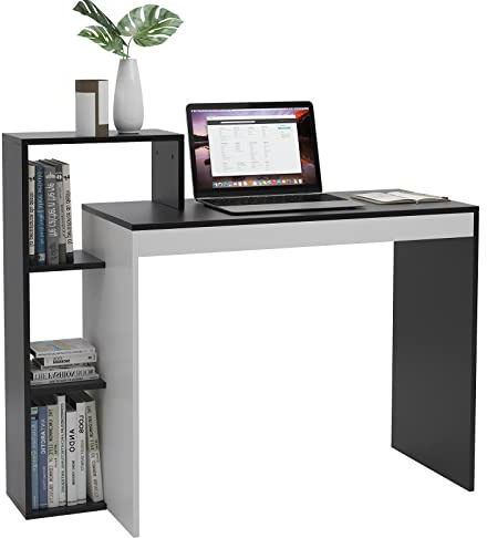 DlandHome Computertisch klein Schreibtisch mit Regal schwarz 90cm Schreibtisch Holz Laptop PC Tisch, Bürotisch Schreibtisch mit Stauraum Arbeitstisch für Zuhause Arbeitszimmer/Büro Schwarz/Weiß