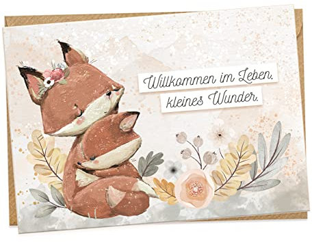 KOKO&LORA® Glückwunschkarte zur Geburt mit Umschlag Willkommen im Leben, kleines Wunder • moderne Grußkarte mit niedlichen Aquarell-Tieren mit Kraftpapier-Kuvert - Geschenk zur Geburt