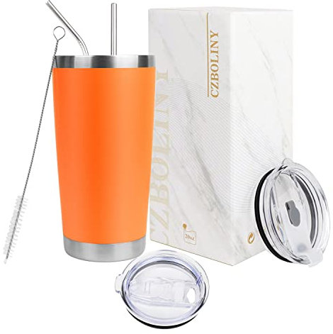 CZBOLINY 20oz Tumbler with 2 Lids,2 Straws,Insulated Stainless Steel Coffee Travel Mug,Insulated Cup Mug,Double Wall Vacuum Thermal Coffee Cups with Splash Proof Sliding Lid(Orange Tumbler)