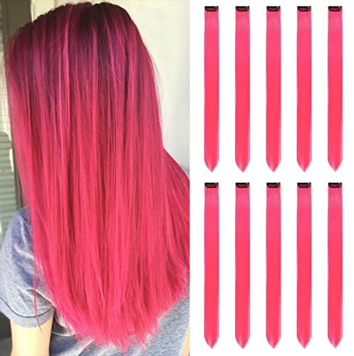 Colored Hair Extensions Clip In for Girls 22 Inch Colorful Straight Hair Extensions for Party Highlights Hair Accessories Hair Pieces for Women(10 PCS Hot Pink )