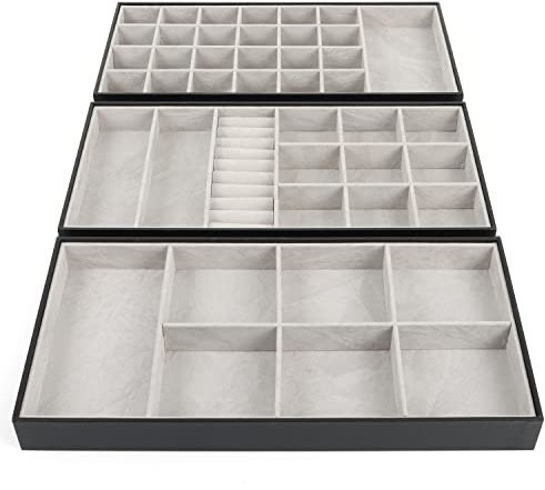 BELLE VOUS 3er Pack Schmucktablett Organizer - Stapelbar Schmuckeinsatz für Schubladen - Jewelry Schubladen Organizer für Halsketten, Ringe, Armbänder, Ohrringe, Ringe & Uhren