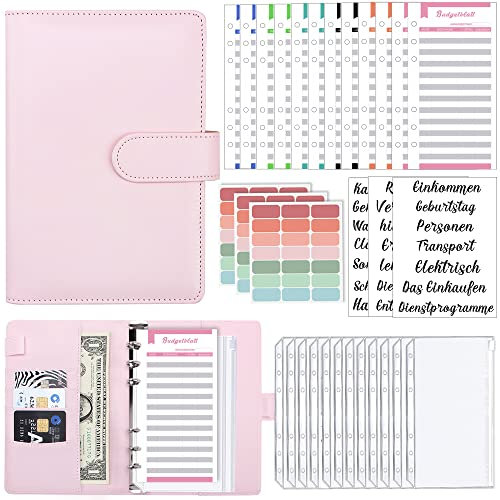 A6 Binder Budget Planner Deutsch: Geld Organizer Budget Planer mit 12 Binder Taschen, 12 Budgetblätter Deutsch, Etikettenaufklebern Sparbuch für Reisen,Tagebuch und Geschenk