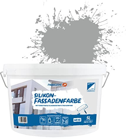 Farbklecks24 Silikon-Fassadenfarbe Color (versch. Größen/Farben) hohe Deckkraft, Wetterschutz, schmutzabweisend (5L, Grau 7-1)