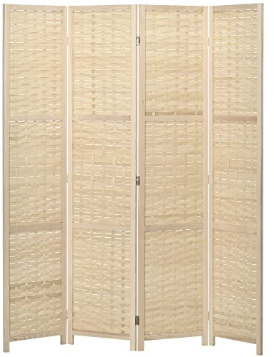 HOMCOM 4-Flügel-Innenwand aus Holz und gewebtem Bambus, platzsparende Faltwand, Höhe 170cm, Natur