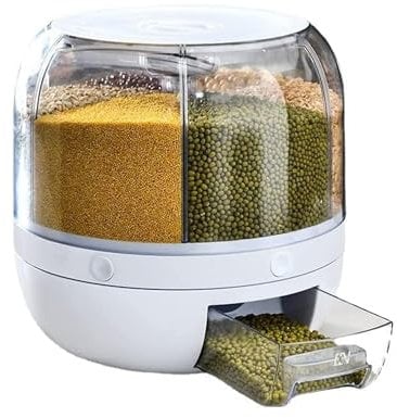 Taylor & Brown 6 Grid Rotating Food Dispenser - 360° Round Bucket Sealed Grain Container - Transparent Rice Kitchen Storage Containers - White Dry Food Fruit Storage Box for Home Kitchen Organiser