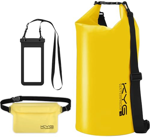KYG Borsa Impermeabile a Tracolla Regolabile Dry Bag 5L/10L/20L Kit 3 in 1 Marsupio impermeabile, custodia per cellulare Waterproof Zaino Per Nuoto Trekking Surf Rafting Campeggio 5L Giallo