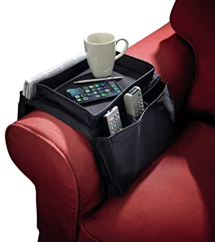 Black Arm Rest Organiser – Sofa, Couch or Armchair Caddy with 6 Pockets & Tray for Remote Control, Glasses, Newspaper, Pens, Drink or Snacks – Measures 54 x 31 x 4cm