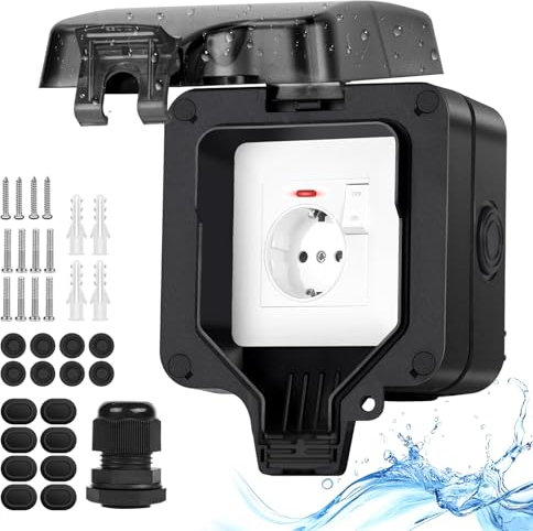 Enchufe exterior IP66 impermeable al aire libre con interruptor de luz indicador,Toma exterior sobresaliente Jardín Exterior Enchufe de pared con cerradura Tapa abatible Enchufe individual negro