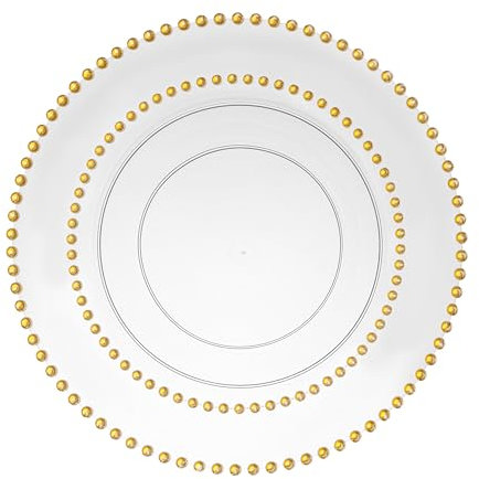 Decorline - Ensemble Vaisselles d'assiettes Plastique Dur et Réutilisables, 20 pièces/Pour 10 Personnes - Beaded - Transparent/Or - Assiettes Dîner & Entrée Dessert - 2 tailles (10x26cm & 10x19cm)