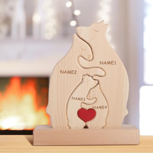 MQVXT Personalisiertes Holz Kunstpuzzle der Bärenfamilie,Bären Familie Holz Puzzle Skulptur,Bärenfamilie aus Holz Kunst Puzzle,Home Tischdekoration Geschenk für Familie Andenken Geschenke (4 Stück)