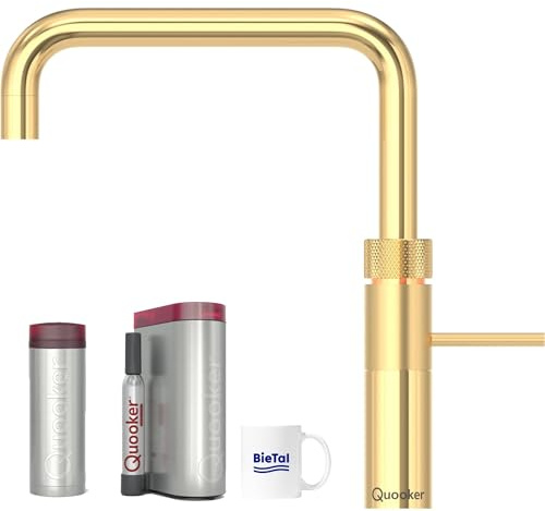 Quooker Wasserhahn Fusion Square Gold & PRO3 Reservoire für kochendes Wasser Heißwasser & Cube für gekühltes sprudelndes Wasser Sprudelwasser mit BieTal® Keramiktasse 355 ml