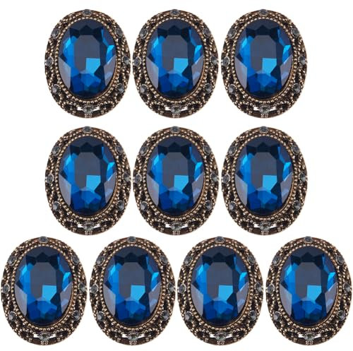 GORGECRAFT 10Stk Ganz Oval Geschliffene Blaue Zirkon-Strasssteine Im Vintage-Stil Kupfer Hohler Metallschaft Nähmantelknöpfe Geschliffene Strasssteine Für Uniformen Anzüge Blazer Mäntel 25mm x 20mm