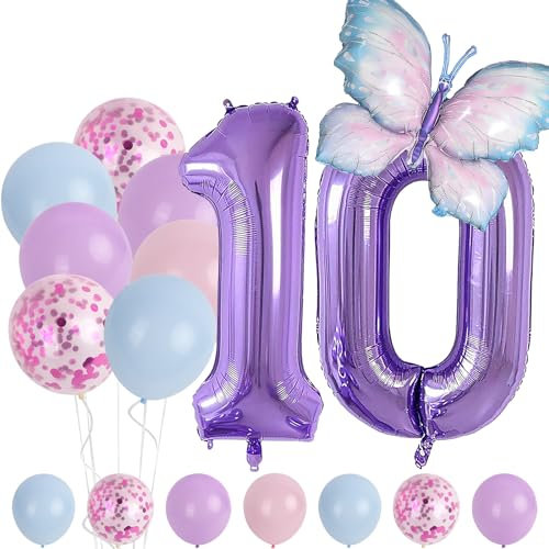 10 Jahre Set - Zahl Folienballon，Tiere Deko，Blau Lila Geburtstagsdeko Schmetterling Deko，Kindergeburtstag Party-Deko Zahl 10 Luftballon für Mädchen Jungen Geburtstags Festival Party Dekoration