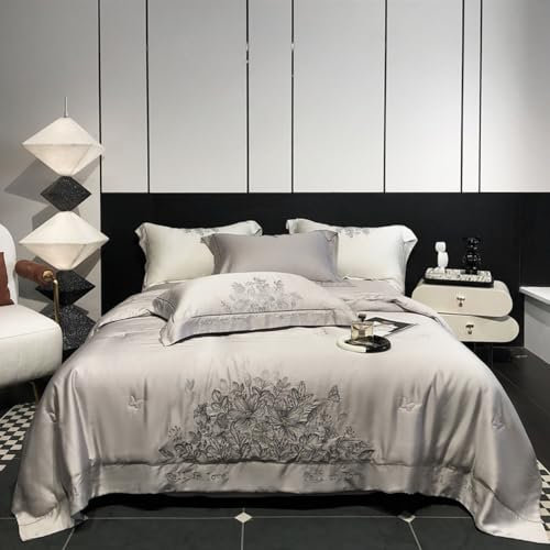 Hochwertige Stickerei mit Blumenmustern Sommer Quilt Set, Leichte Ultra Weiche Atmungsaktive Steppdecke aus Eisseide 4-Tlg, Klimaanlage Bettdecke Doppelgröße ( Color : Gray , Size : 4PC Set (220x240cm