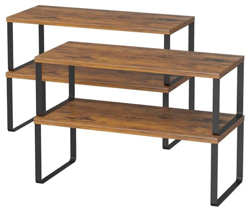 LIANTRAL 4-Pack Stackable Kitchen Cabinet Organizer Shelf - Expandable Cupboard Shelf Organiser, Wood & Metal, Space Saving Shelves for Kitchen Pantry, Cupboard, Cabinet | Rustic Brown/Black